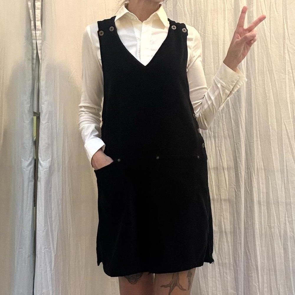 Vintage 90s Black Velvet Overall Pinafore Jumper Mini Dress with Pockets S/M